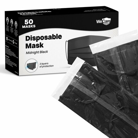 WECARE Disposable Face Mask, 3-Ply with Ear Loop 50 Individually Wrapped, Midnight Black, 50PK WMN100119